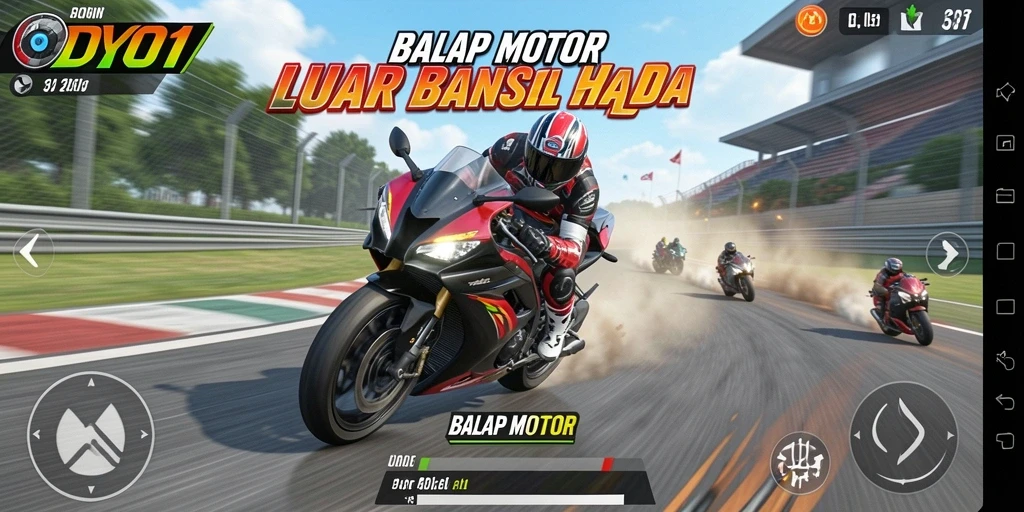 Tampilan antarmuka game balap motor yang menakjubkan dan interaktif.